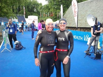 Diane and me getting ready for a practice swim in London