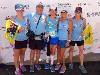 The crew and the star, Sandy (in the middle), at the finish