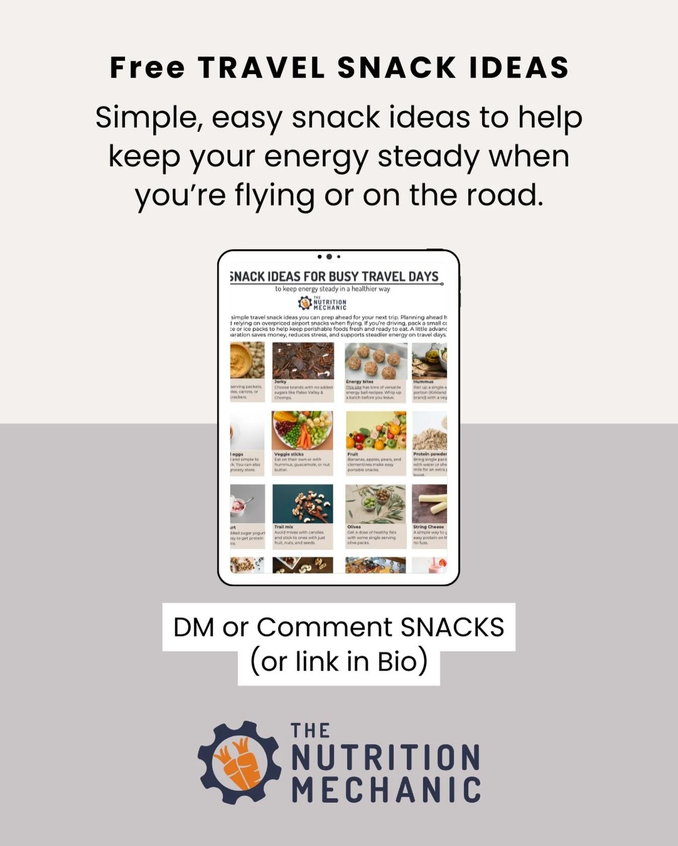 Travel days don&rsquo;t have to mean random snacks and energy crashes. 🙃

Grab the one-page list for quick and simple ideas to help keep your energy steady for your busy travel days ahead.

DM or Comment SNACKS (or get link in the bio)

#snack 
#tra