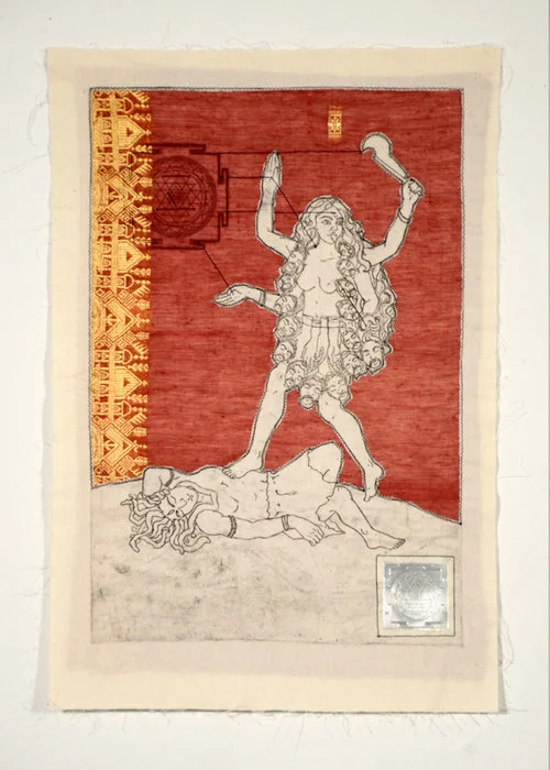 Kali , intaglio on cotton, machine piece with sari cloth, digital print on cotton, and metal flashing embossed with polymer plate, machine quilted. 2012