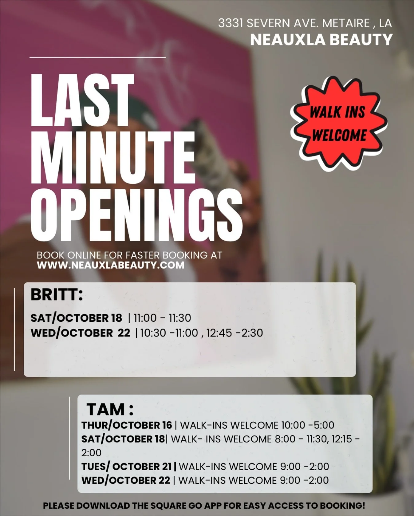💨 Last-Minute Openings Alert! Don&rsquo;t miss your chance to snag a spot 💅🏽

Join our waitlist for same-day or last-minute availability &mdash; your glow-up could be today! ✨
Book at www.neauxlabeauty.com, on the Square Go app, or call/text to sc