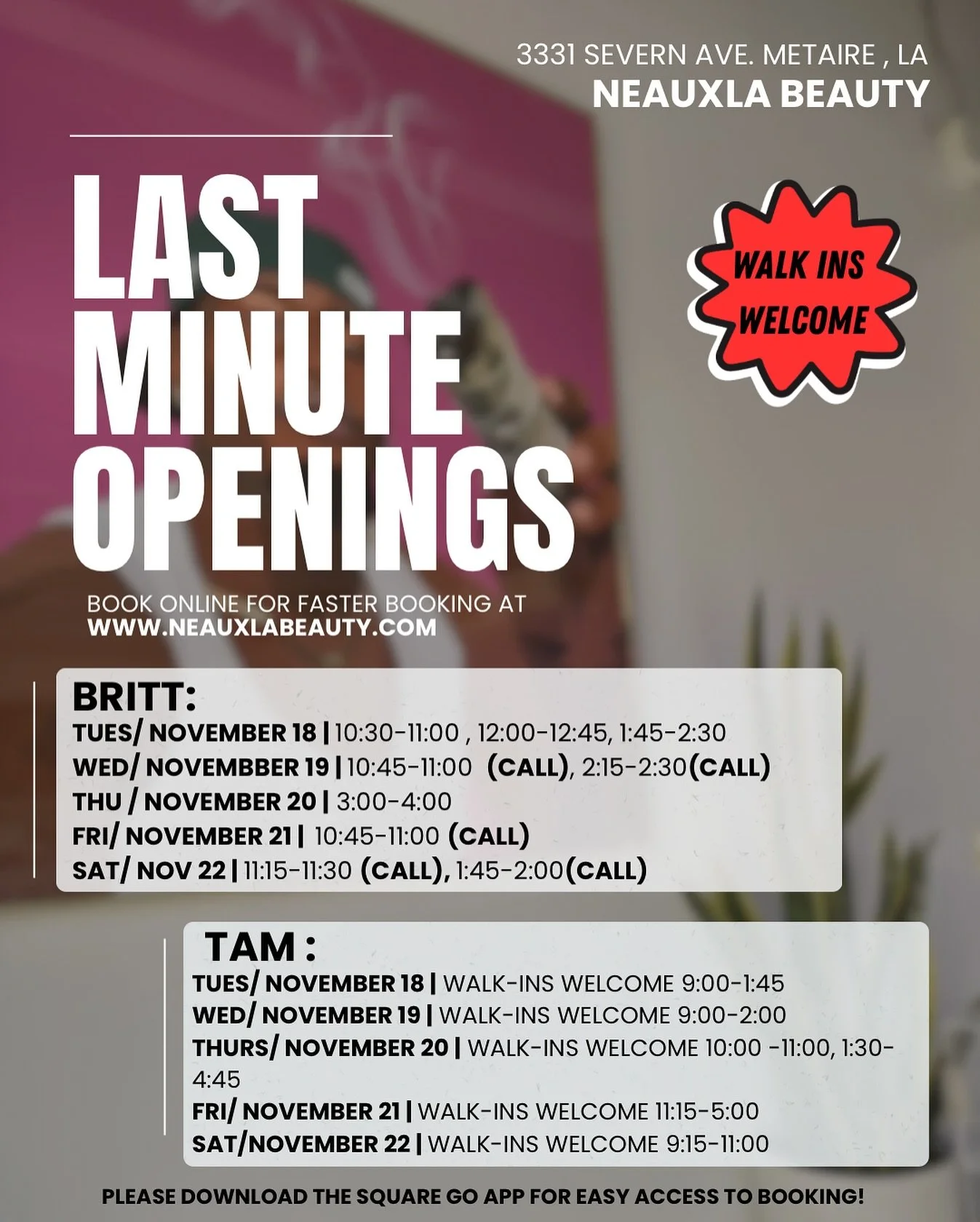 Come see us next week! Book before slots close, you know the close fast!🔥🫶🏾

#selfcarefirst #facial #booknow #waxing #metairiesalon