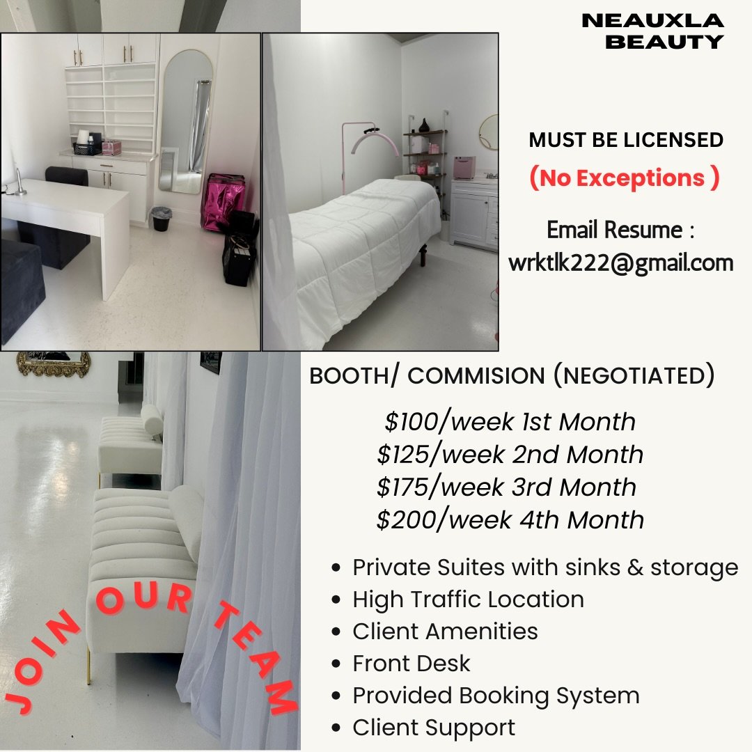 Neauxla Beauty is currently seeking licensed beauty professionals to join our team. We offer a modern, high-traffic workspace featuring private suites, client amenities, front desk support, and an integrated booking system designed to elevate and sup