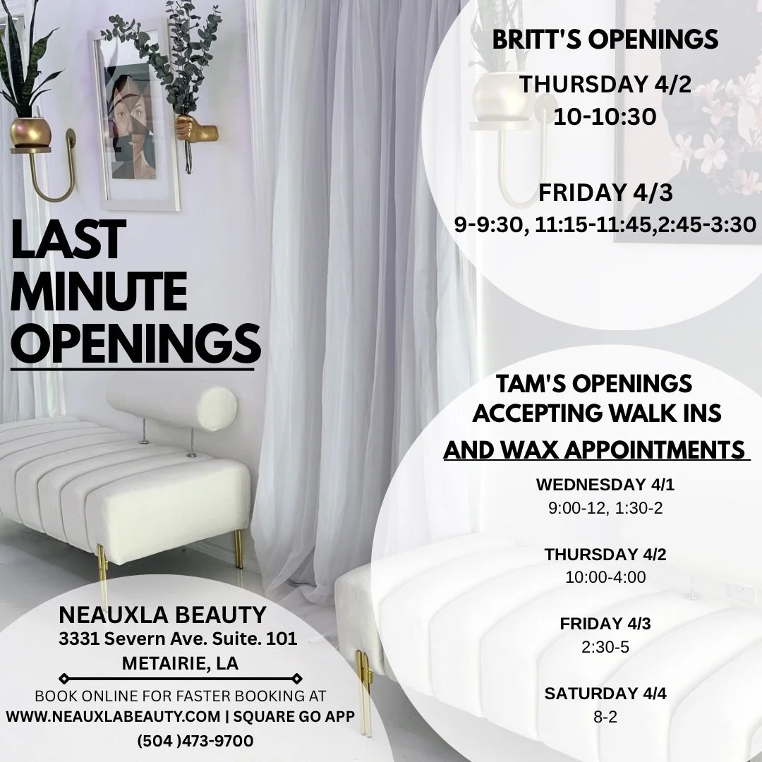 Last minute openings for this week
-
-
-
Tam is also taking walk ins and is now offering full body waxing services! Easter is right around the corner, take advantage of her competitive wax pricing now before it&rsquo;s too late! 

Secure your spot by