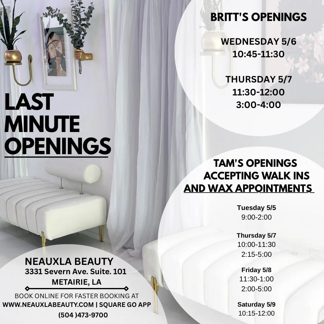 Last minute appointments right before Mother&rsquo;s Day! 

Secure your spot by hitting the link in the bio 🔗

#lastminuteappointment #waxappointments #mothersdaygift #nolaesthetician #facialappointments