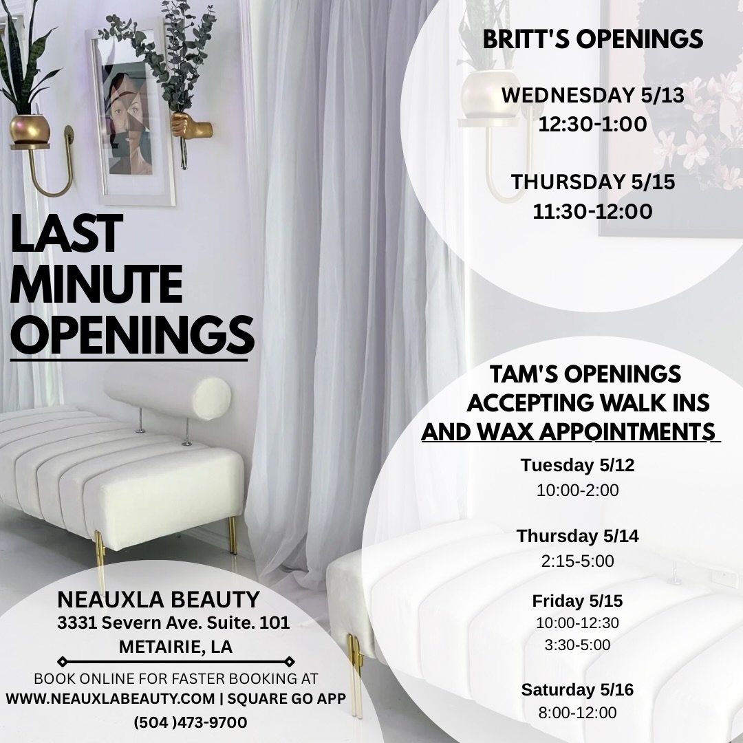 Last minute appointments available! 

Hit the link in our bio to book 📲

#lastminuteappointment #waxernearme #facialsnearme #nolaesthetician