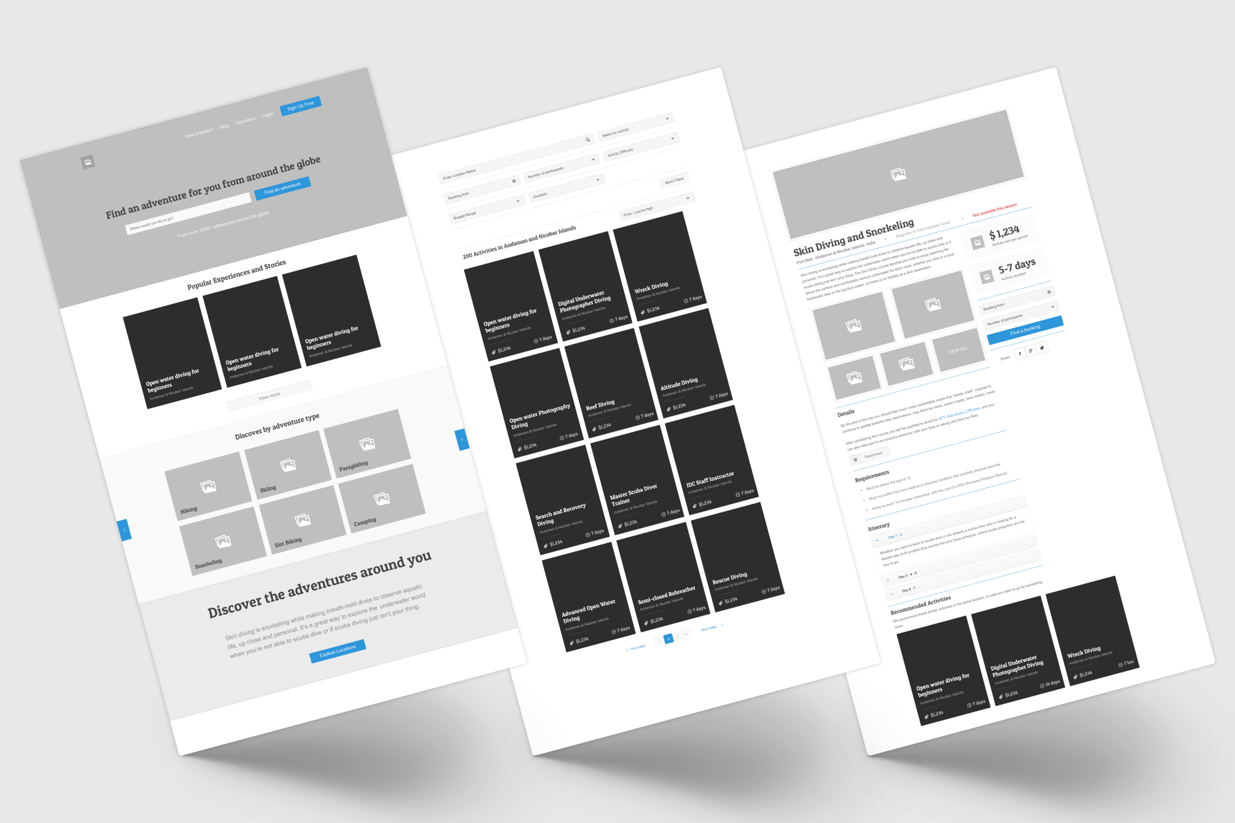 Early wireframes for Home, Activity listing, and Activity details