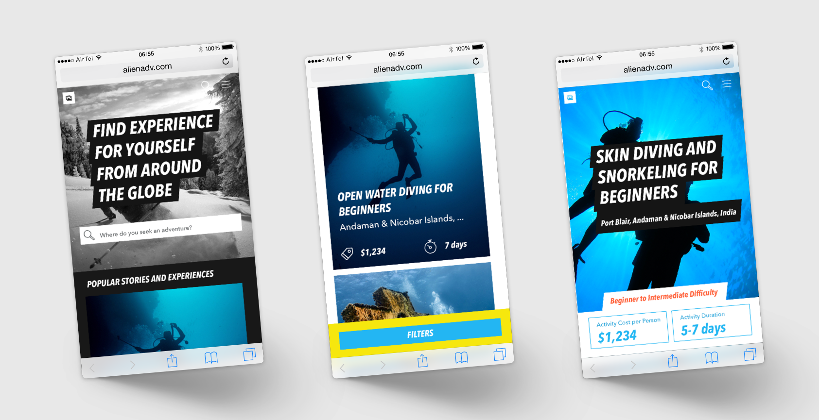Mobile versions for Home, Activity listing, and Activity details