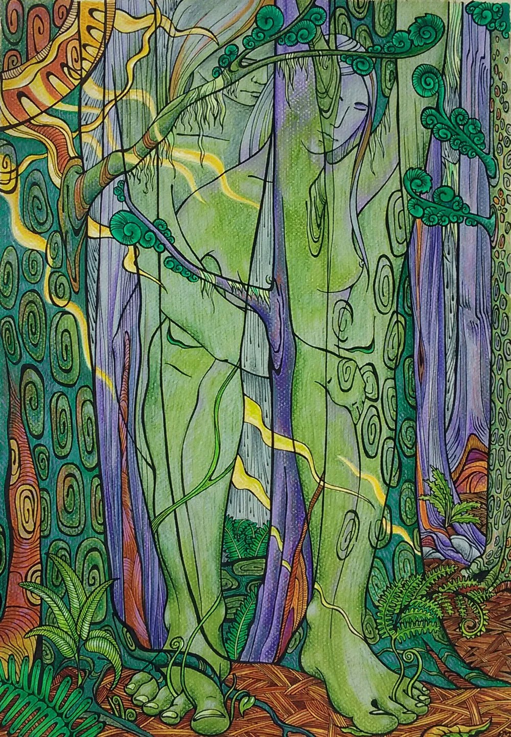 Before the Apple, Adam and Eve in a Garden of Eden of sorts, based off the Cascades in the Pacific Northwest.  Cascade Mountains. Humans in Nature. Life in the forest. Pen and ink  with color pencil.