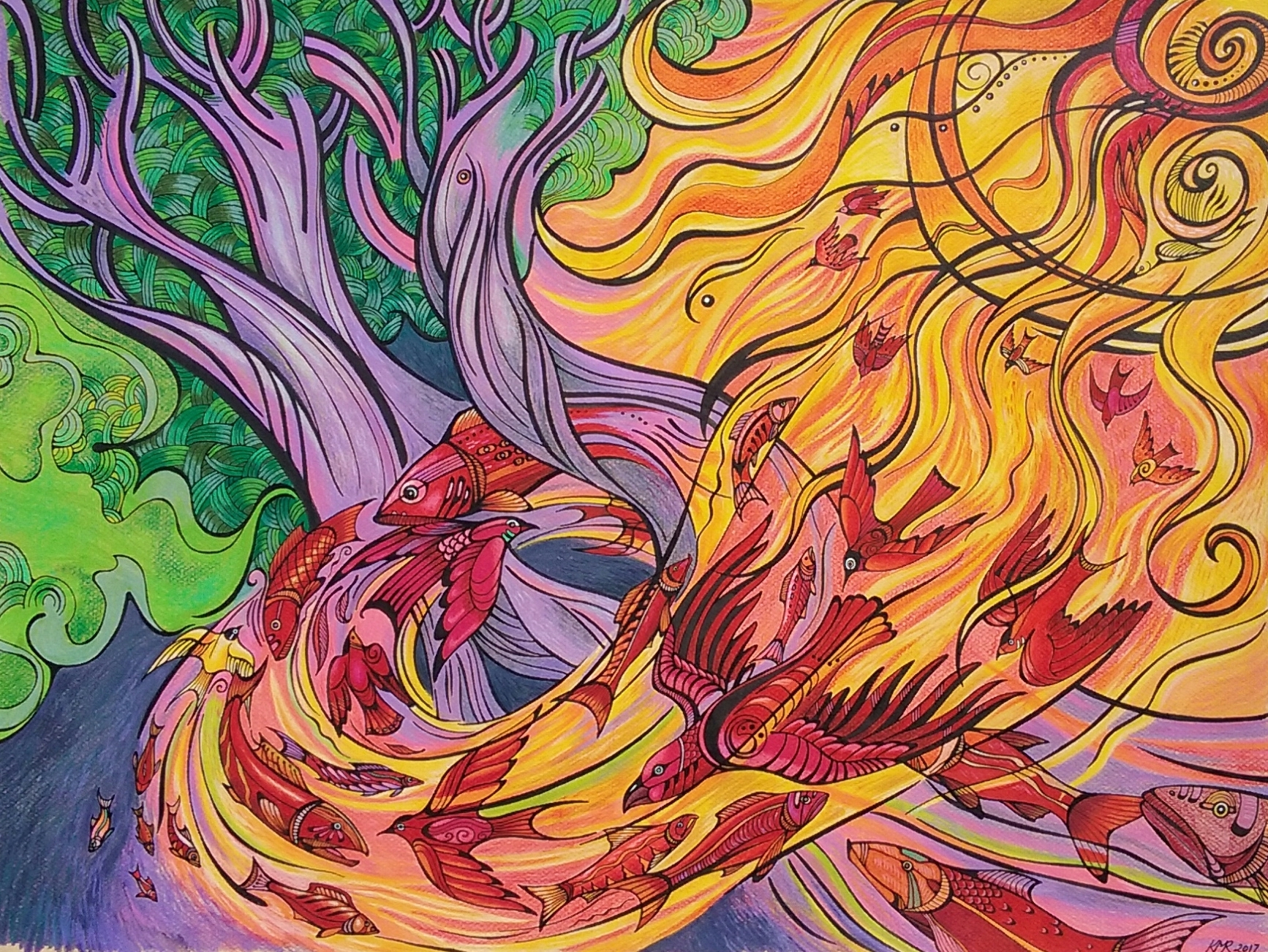 Bonfire Sol, Birds flying from out of a golden sun and fish swimming upstream towards it, fish stream springs from the roots of a tree. Black ink with color pens and pencils.
