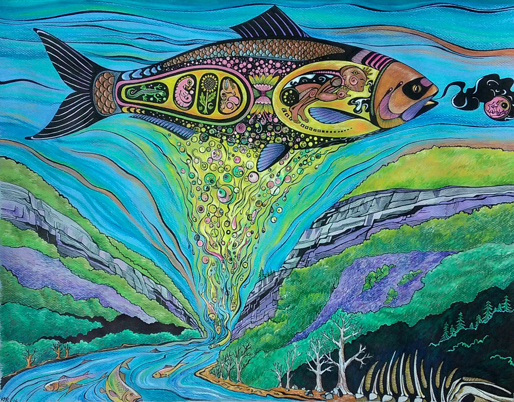 Shad on the Delaware, Shad fish on the Delaware River at the Delaware Water Gap. Stylized Shad fish in sky with life and rebirth motifs. Pen and ink with watercolors and color pencil.p. 