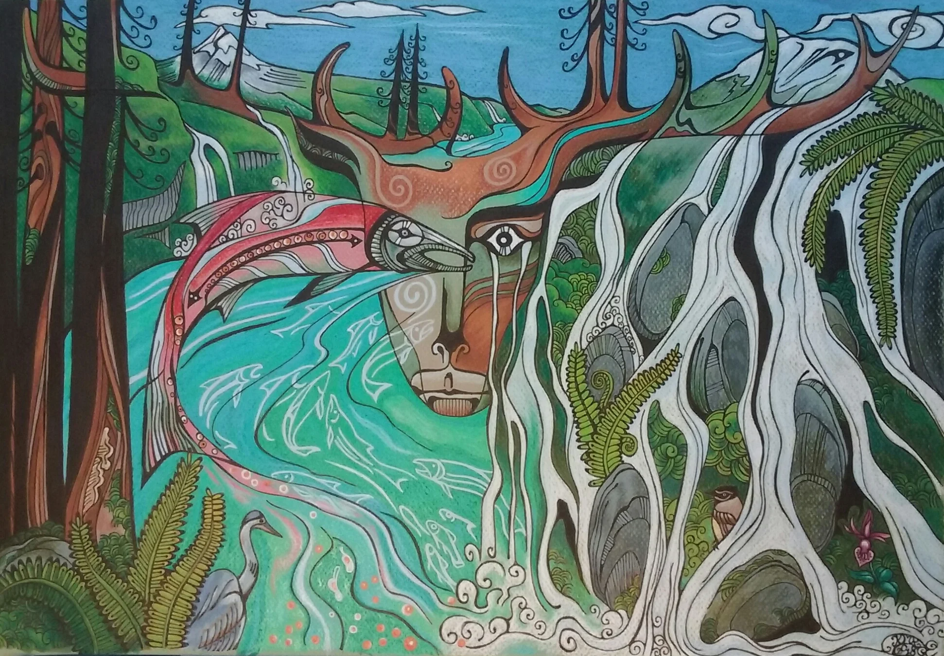 Shared Waters, Deer-Man being oversees Columbia River Gorge and all it's wildlife. Orchids, birds and salmon fill the river. Pen and ink with color pencil.