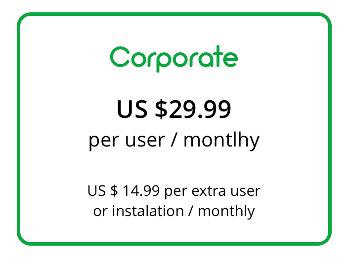 The Corporate account includes the Premium, plus: > Selection of maximum 9 sources of greenhouse gas emissions per facility. > Control of the documentation of the environmental management system. > Personal access to the system, and use of private servers. > Calculation of the uncertainty of emission factors. > 100% Access to the GreenCloud® dashboard > 24/7 preferential support with 2 hours of response time. > Up-time of 99.99% guaranteed -SLA.