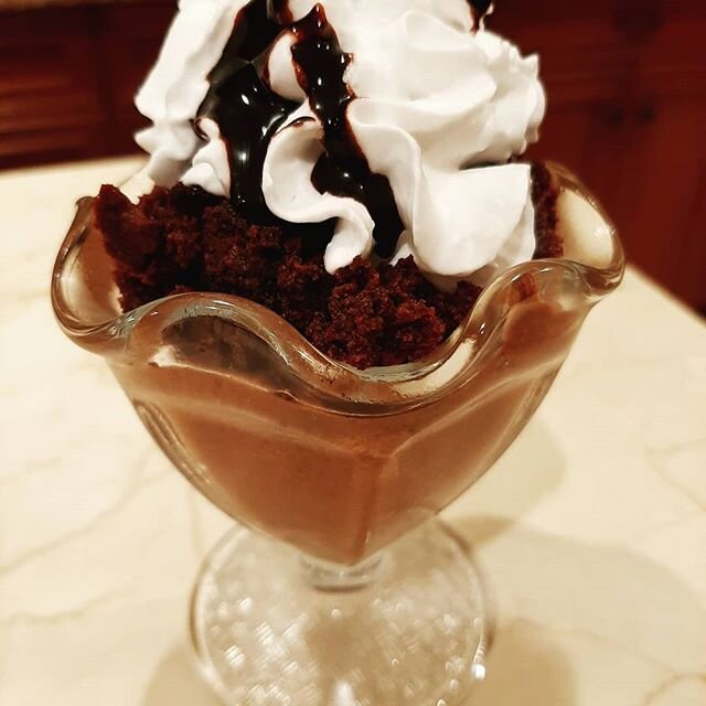 Half Baked Harvest's Chocolate Chia Mousse @halfbakedharvest  with crumbled Whole Food Vegan Brownie, Coconut Whipped Topping  and Chocolate Syrup #chocolate #veganbrownies #delicious