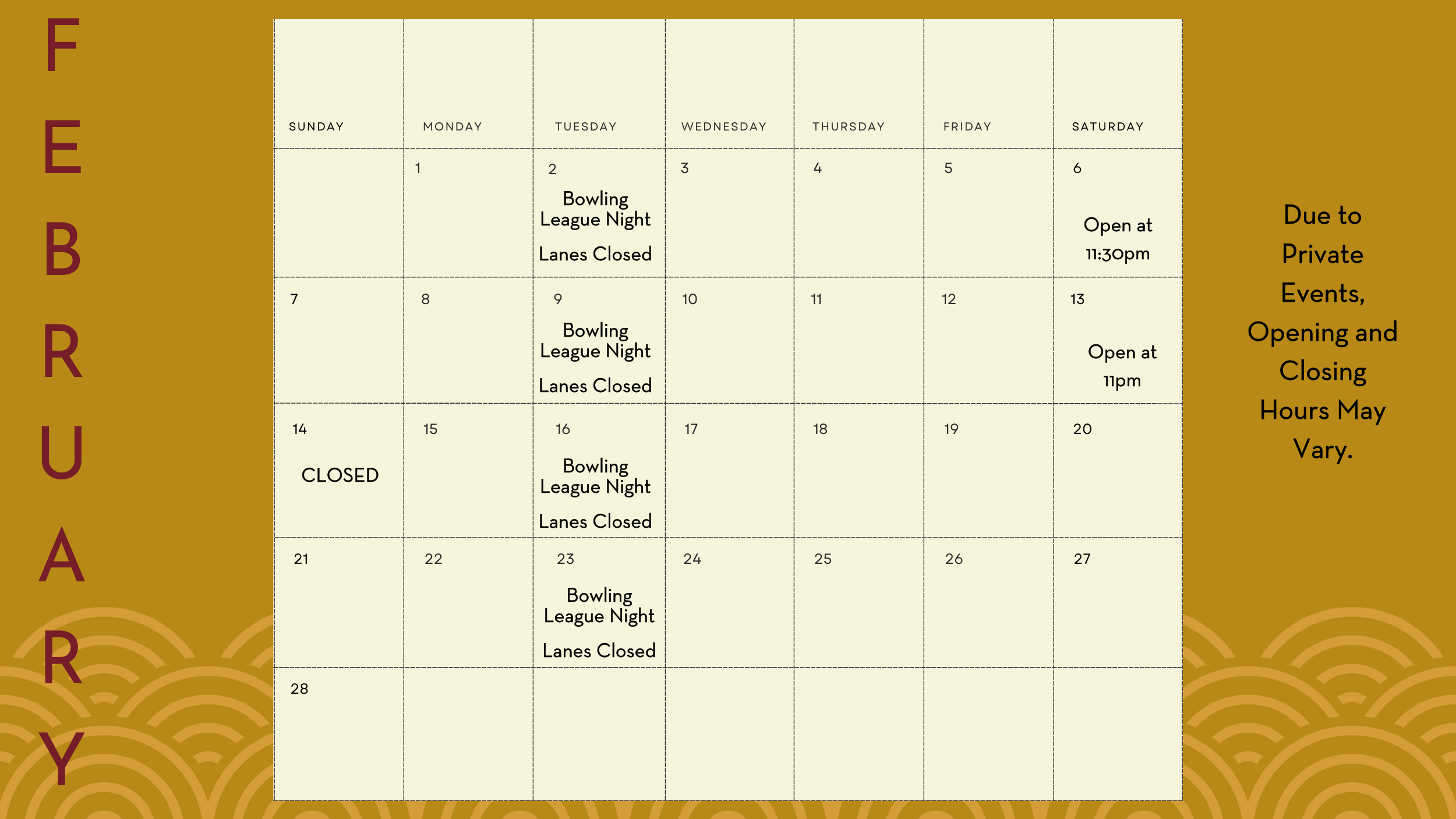 Business hours calendar for February