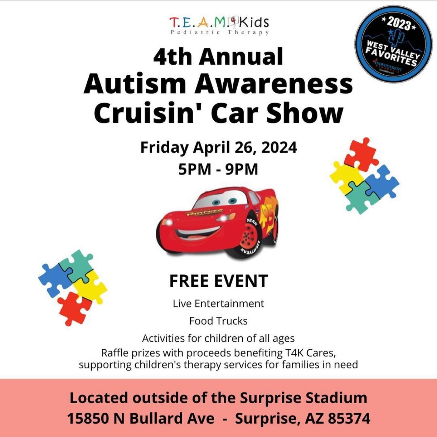 The Autism Awareness Cruisin&rsquo; Car Show is today! FRIDAY, April 26th, from 5 to 9 PM at the Surprise Stadium 🚗💙