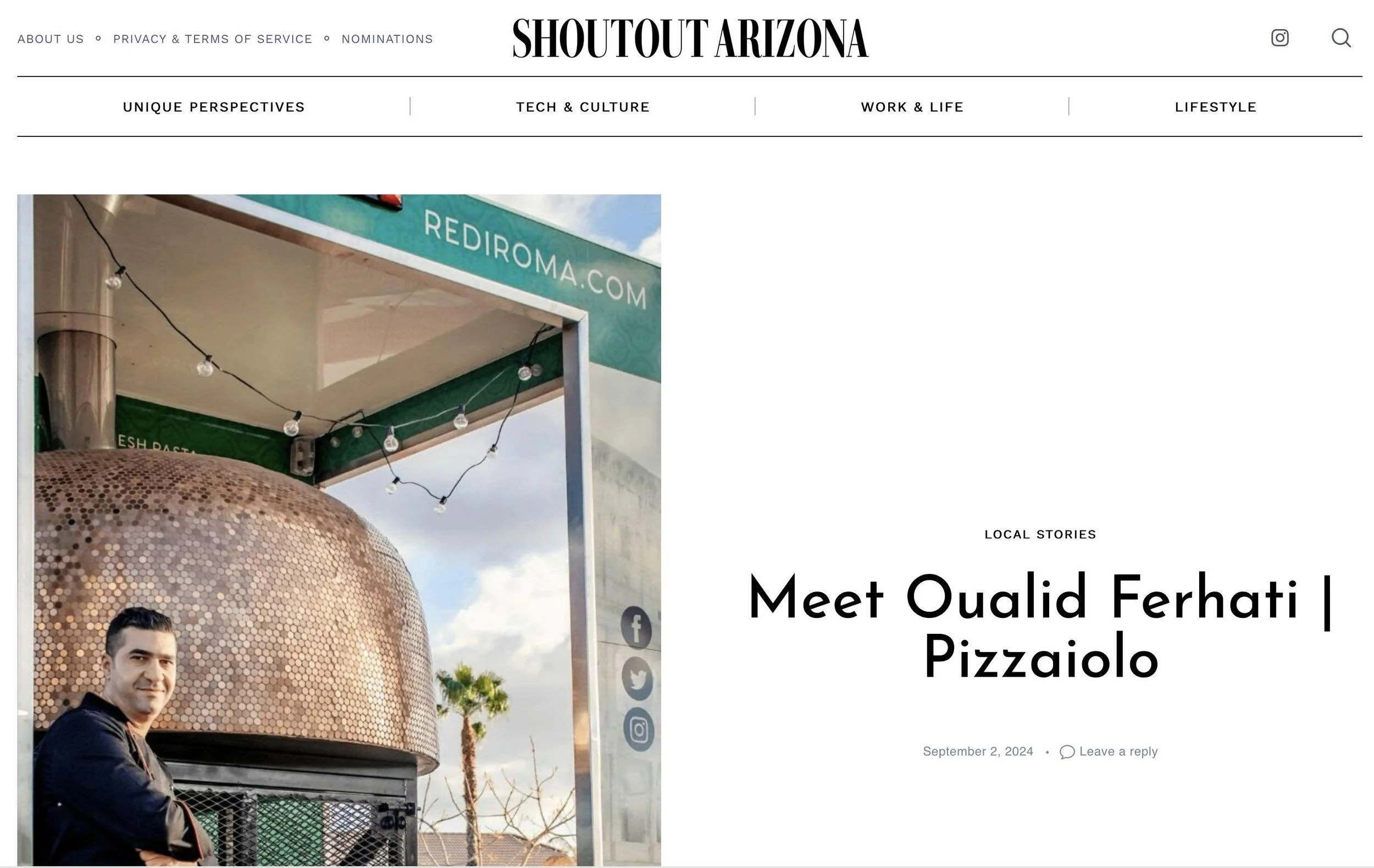 Screenshot of Shoutout Arizona article featuring Re Di Roma pizzaiolo Oualid Ferhati, September 2, 2024.