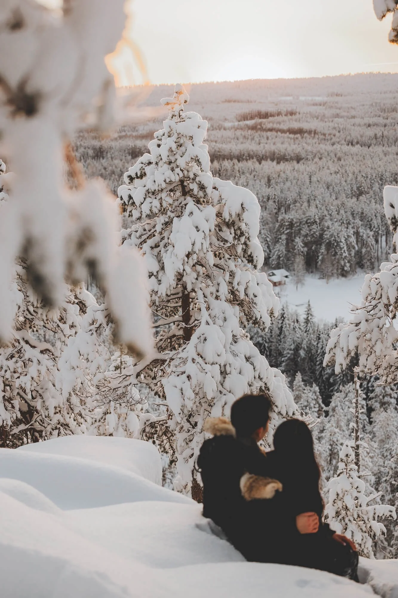 Children playing in a snowy winter landscape with snow-covered trees and hills in the background, at sunset.