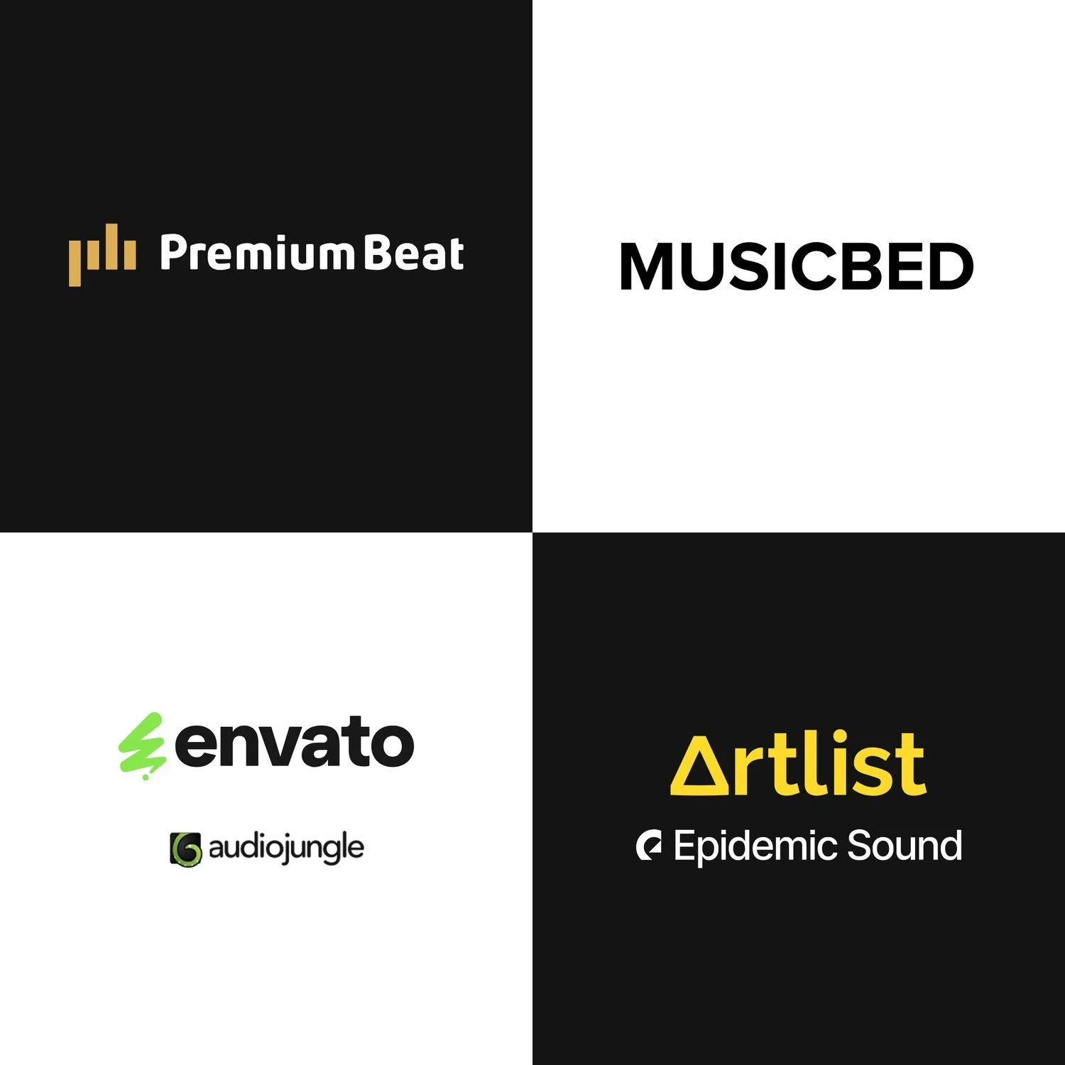 PremiumBeat、Musicbed、Envato、AudioJungle、Artlist、Epidemic Sound 版權音樂網站 logo