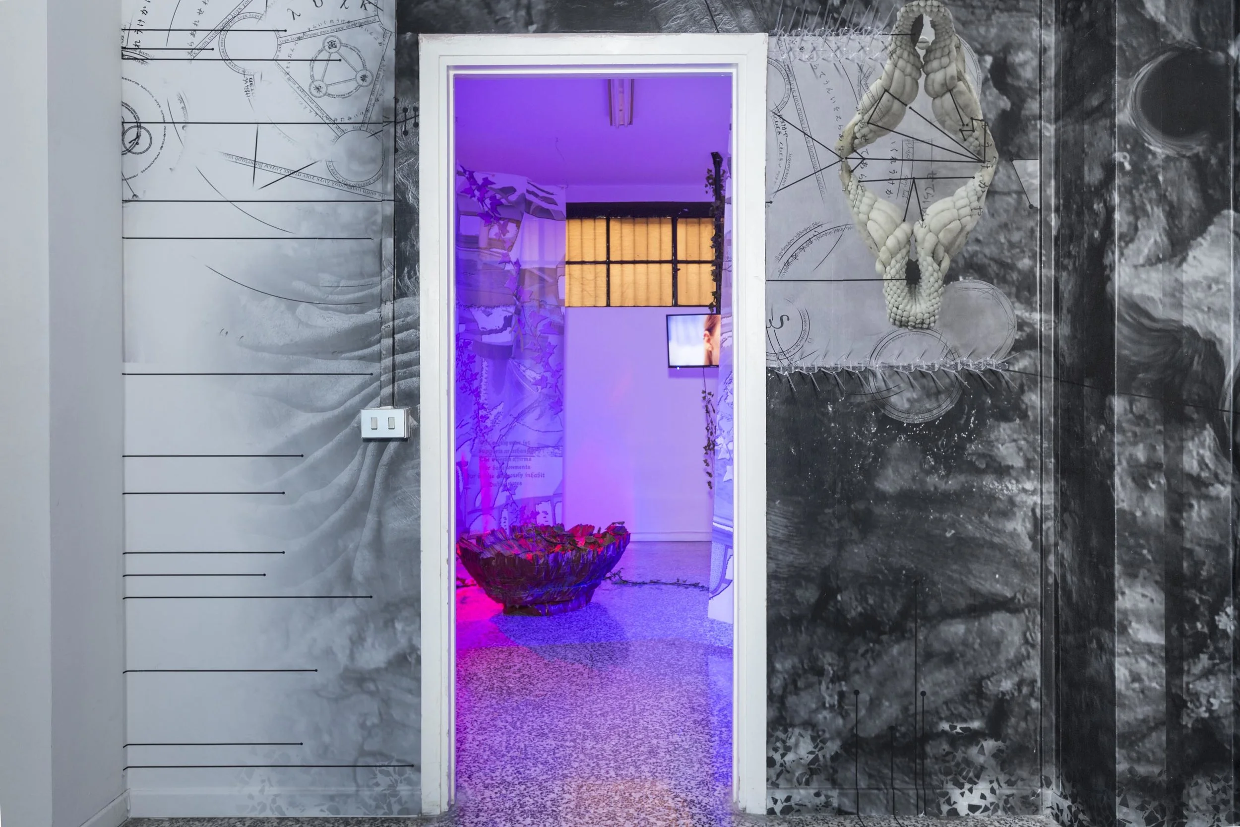  Right/Left: Joey Holder, Porphyrin [πορφύρα], 2017; Center: Lea Collet &amp; Marios Stamatis, Is it like the Ocean?, 2017 