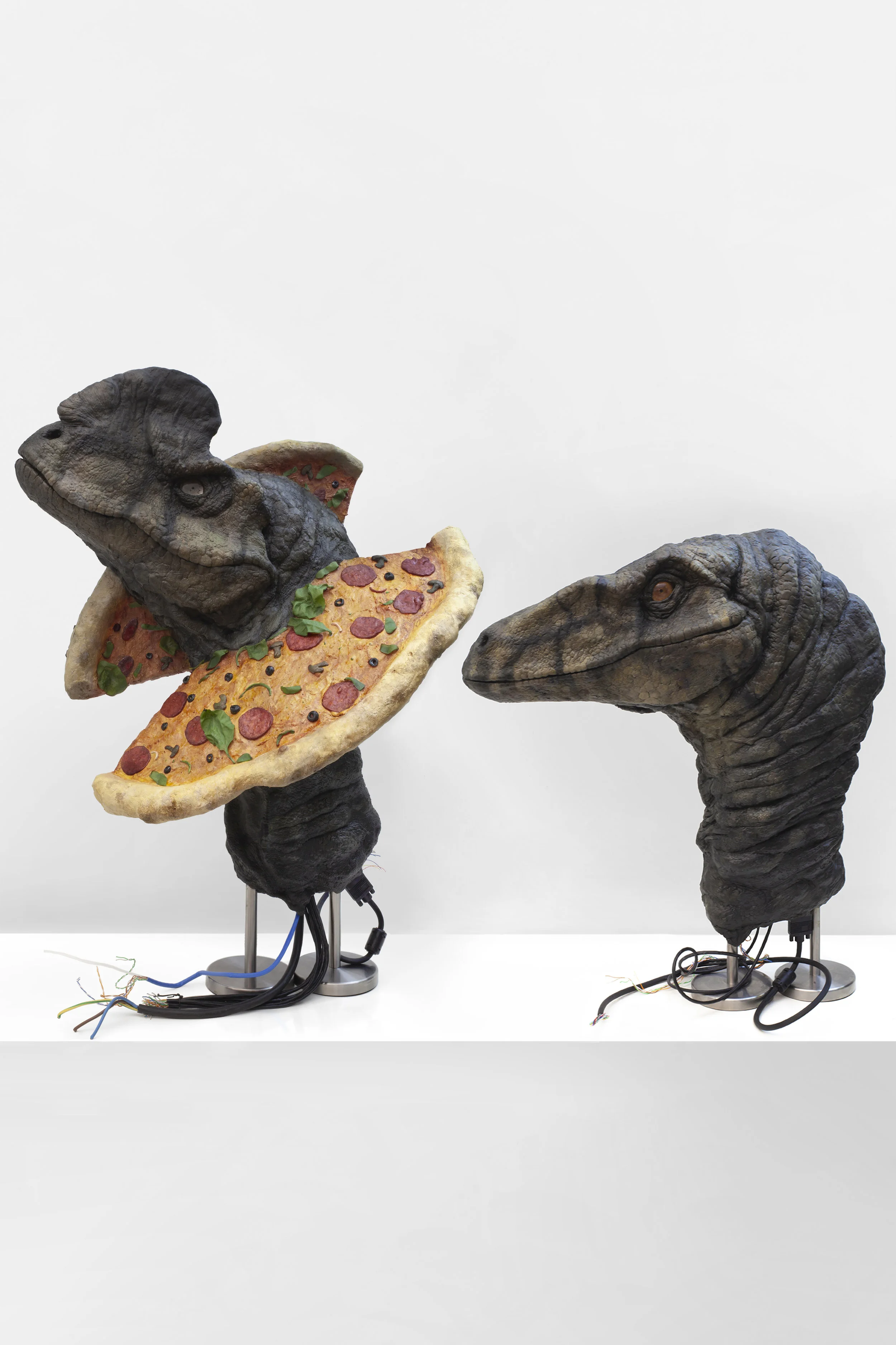 Clockwise: Michele Gabriele, Your lies embarrass me so much that when I found out exactly what it was, I’d rather pretend to believe your words, acrylic paint, enamel, epoxy clay, steel, cables, digital print, glass, rubber, 2019; It’s always so hard to admit that things are different than what we had believed at first sight , Paint, epoxy clay, steel, cables, digital print, glass, rubber, 2019