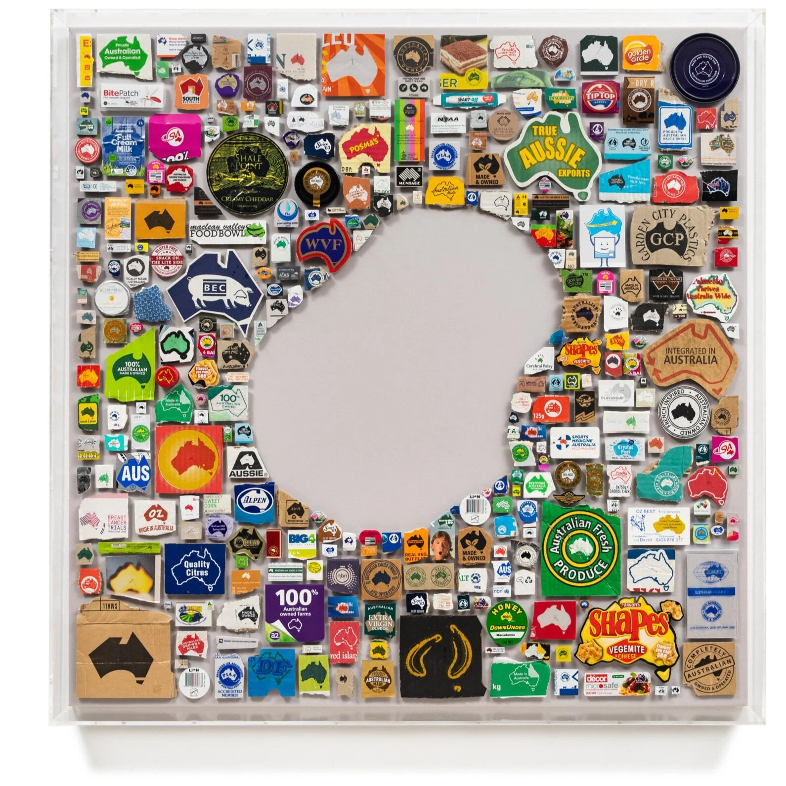 Sean Rafferty, Nauru (2020),100 x 100 x 10cm, specimen pins, mixed media, cardboard, foamcore, plywood, timber and acrylic cover. Photo: Louis Lim