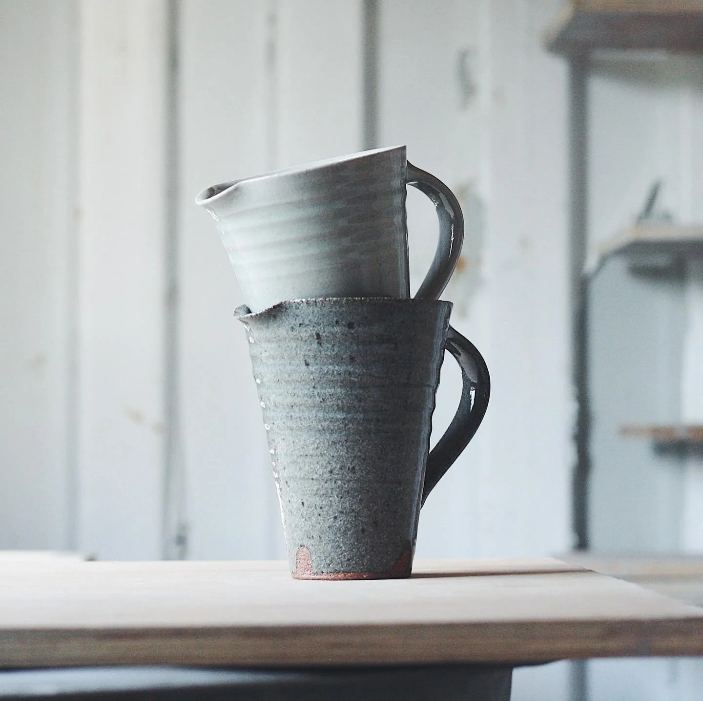 The jug rumination continues. This is a form I was always unsure of, but seeing it finished and glazed in the studio has certainly turned my head a little. If you want to inspect and decide for yourself, this pair will be at @thebigfeastival this wee