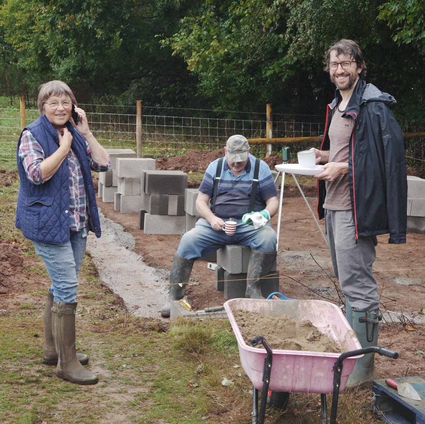 After the concrete came the blocks. Here me and brother Ffred are laying out the concrete blocks for my dad to start laying a collar that will hold the hardcore and concrete that form the foundation of the studio. Dad was mainly there to make sure me