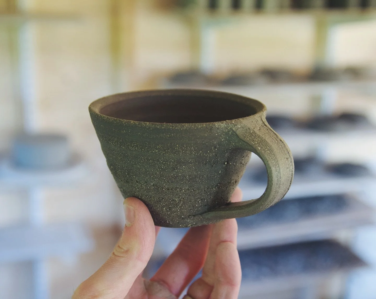 One of the freshly handled coffee cups from yesterdays reel. I&rsquo;ve thrown these a little thicker than I normally would. Sometimes I think the extra bit of visual heft can make a piece of tableware that much softer and kinder to look at and inter