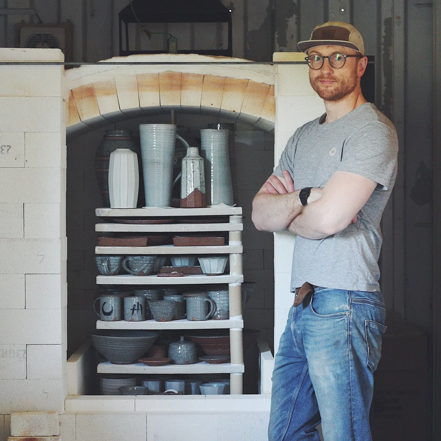 Image of the potter in a state of extreme relief 🙏🏻 first firing of the rebuilt kiln was a good one. Now to get two more firings in amidst the heat before my first show of the year at @potfest.co.uk Compton Verney from the 19-21 June 🔥