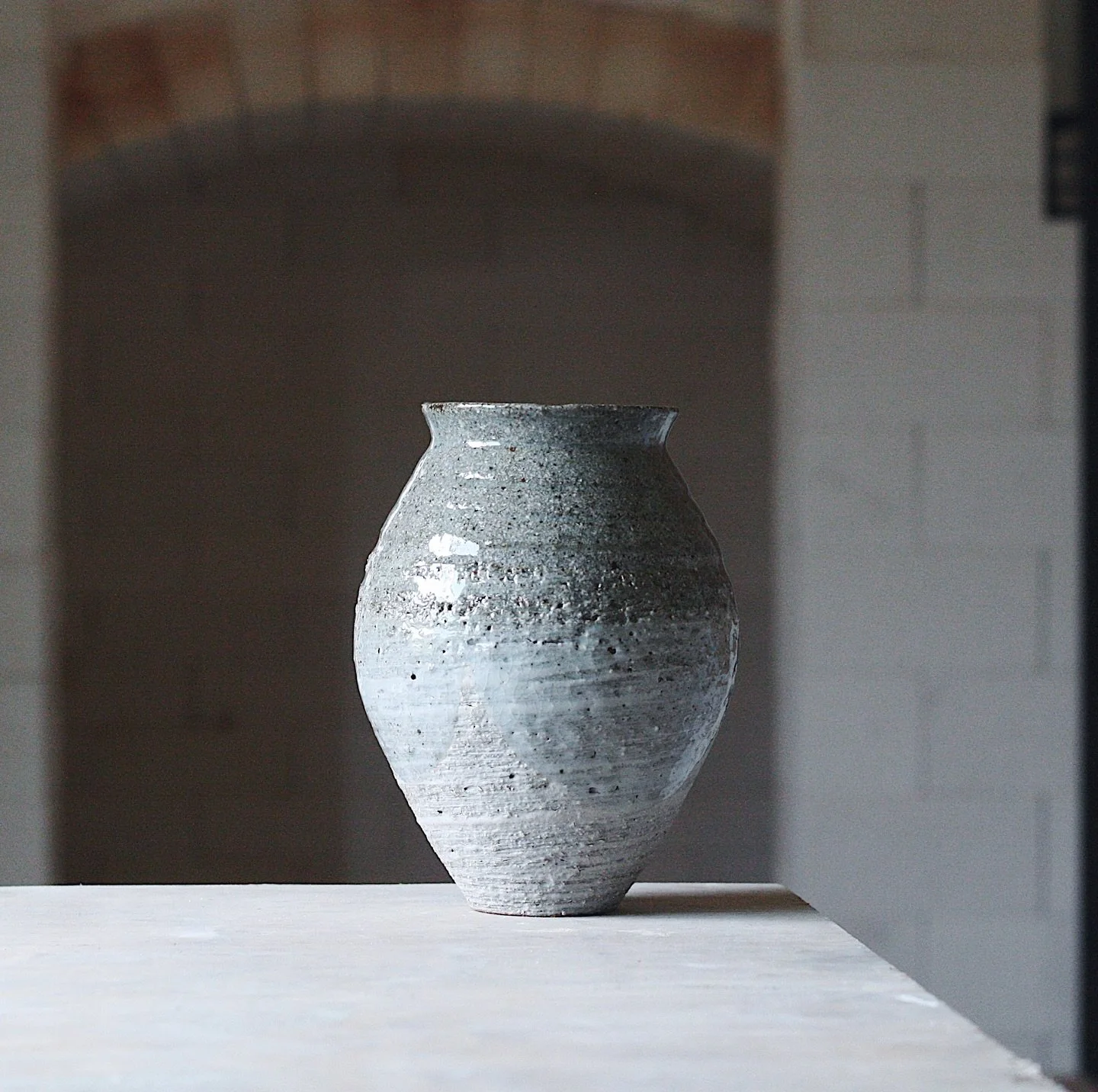 A very simple little jar that came out of the very top of my gas kiln today. It&rsquo;s a quiet pot that I was really taken with as soon as it landed on the work bench warm from the chamber. This was firing number two of the rebuilt kiln and there wa