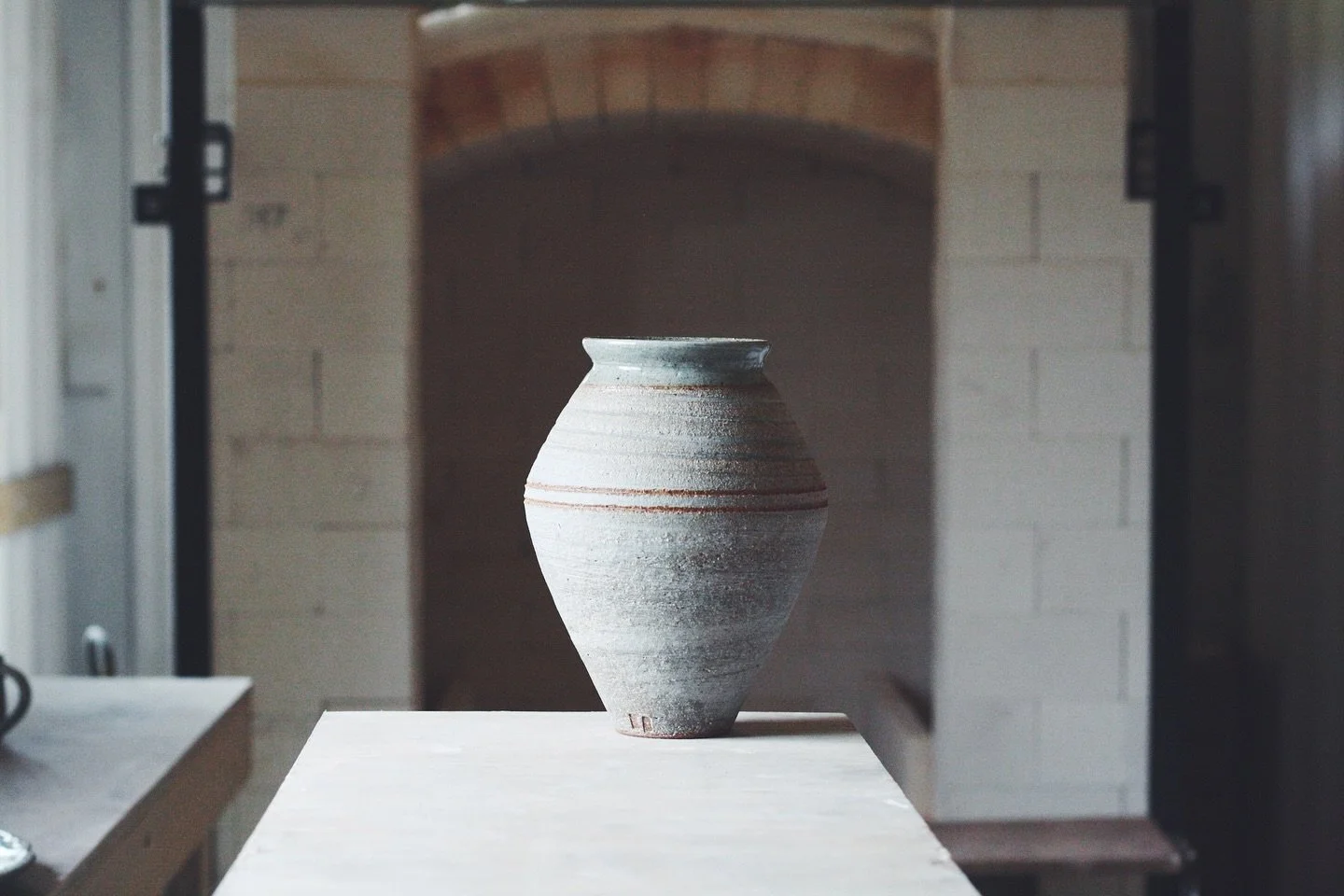 Wheel thrown jar with brushed slip, sgraffito and glaze collar. Reduction fired to 1300 degrees C 🔥