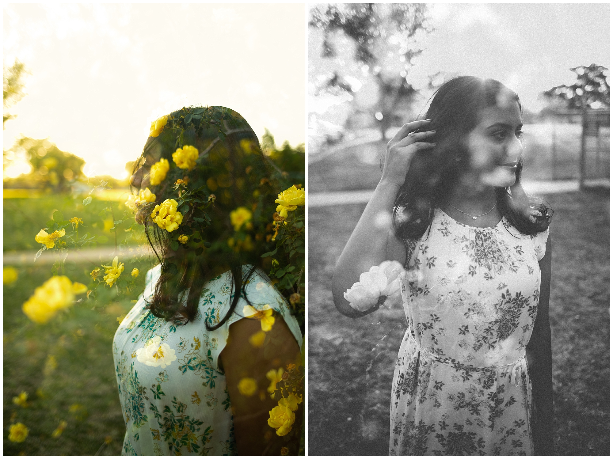 double exposure senior session at an arboretum