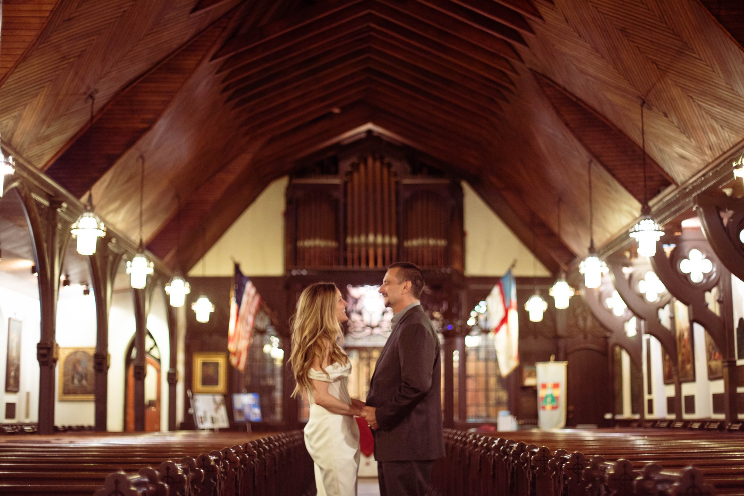 Stunning stained glass windows and wooden pews set the stage for romance. ✨ #NYCWeddingVenue #HistoricChurch