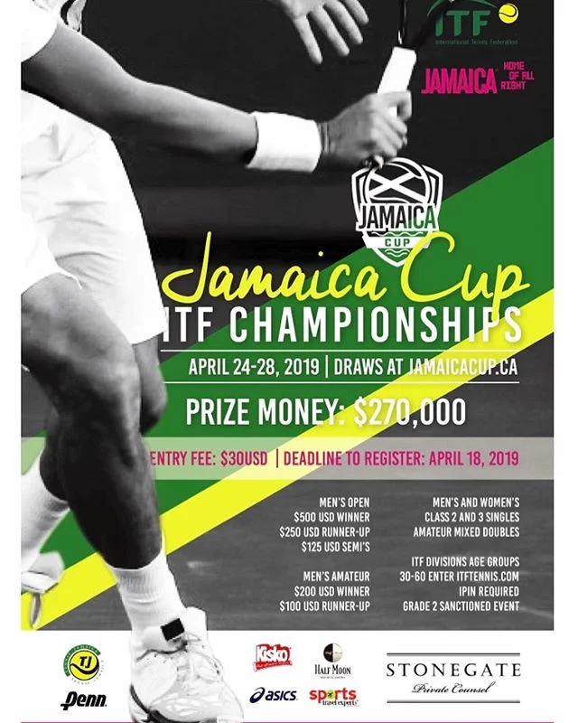 Join us April 24-28, 2019 for the annual Jamaica Cup ITF Championships🎾

Men's and Women's events available- $270,000 in cash prizes up for grabs!! The deadline to enter is April 18. Tournament draws and more information can be found at jamaicacup.c