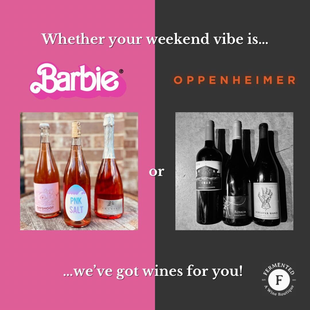 Whether your weekend looks like #Barbie or #Oppenheimer, we&rsquo;ve got a wine (or 3 😉) that fits your vibe! Come see us!
.
.
.

#winetasting #wine #winelover #winetime #winestagram #naturalwine #vino #winelovers #instawine #awesomealpharetta #cher