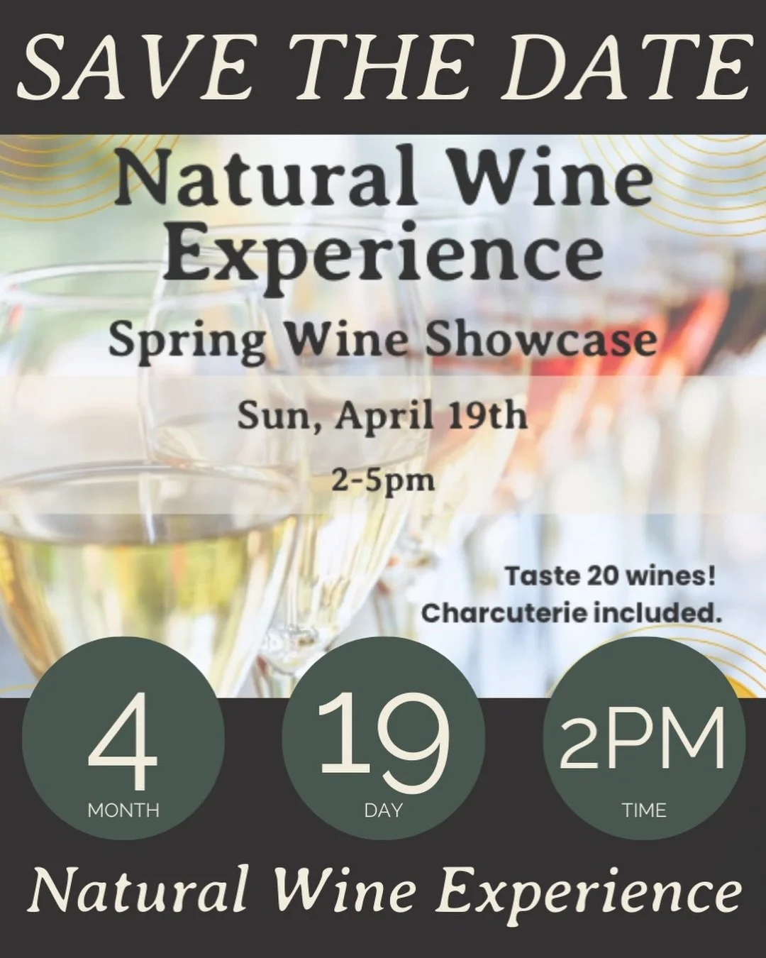 Spring Wine Showcase 🌿🍷

Join us for a Natural Wine Experience celebrating the season &mdash; 20 wines poured, charcuterie on the table, and a room built for discovery.

Fresh, vibrant bottles from small producers, all chosen to welcome spring the 