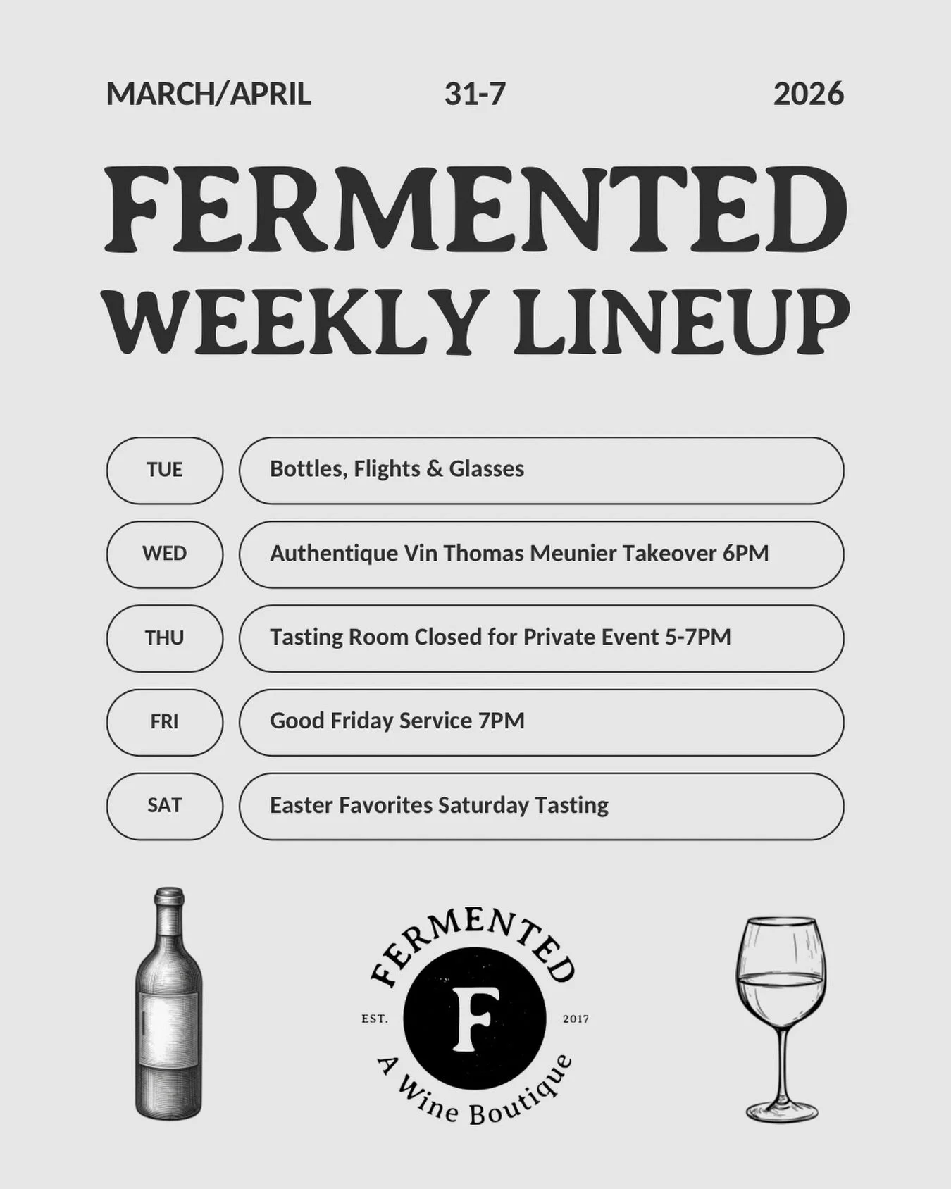 Wine plans for the week? We&rsquo;ve got you. 🍷

Bottles, flights, and glasses available all week &mdash; plus:

🇫🇷 Wednesday: Thomas Meunier Takeover 6PM
🔒 Thursday: Tasting Room Closed for Private Event 5&ndash;7PM
✝️ Friday: Celebrate Good Fri