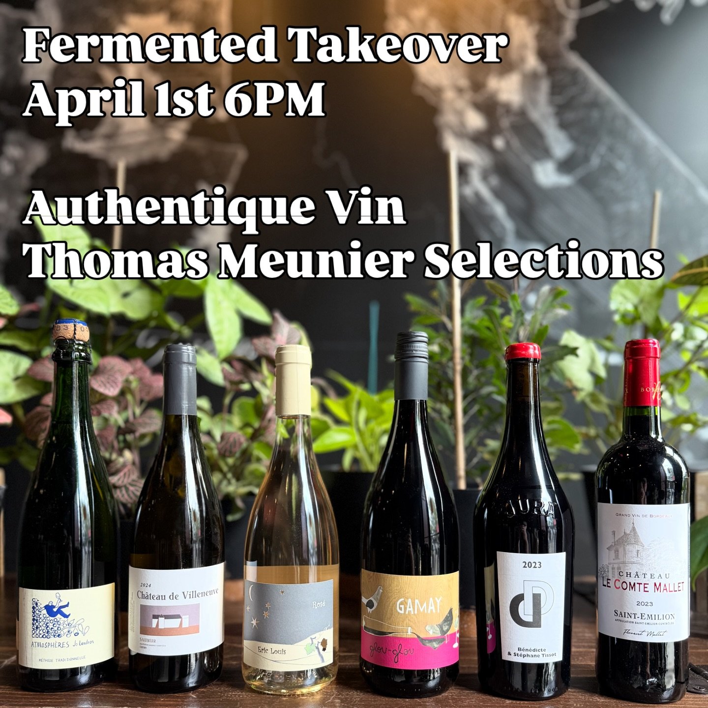 Join us tonight! 

We will be featuring the following producers from the Authentique Vin Thomas Meunier Selections portfolio. 

Jo Landron 

Chateau de Villeneuve

Eric Louis

Jean-Baptiste Duperray

B&eacute;n&eacute;dicte &amp; Stephane Tissot

Cha