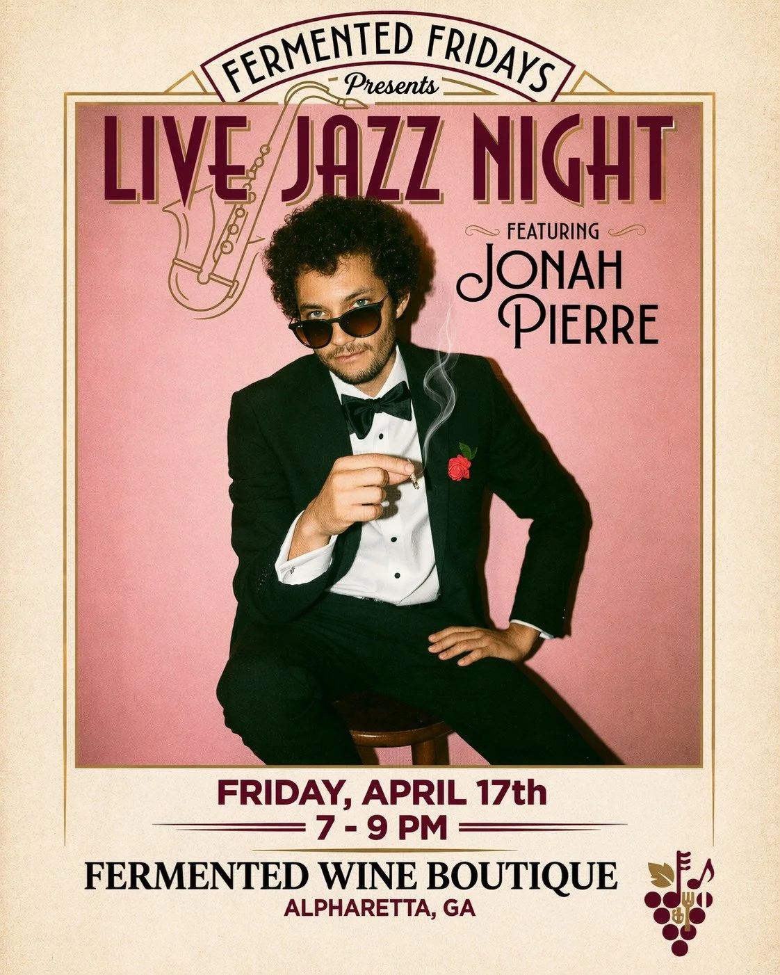 Friday nights, done right. 🍷🎶
Join us at Fermented Wine Boutique in Alpharetta for Fermented Fridays&mdash;an evening of live jazz featuring Jonah Pierre.
@jonahpierremusic 

April 17th &middot; 7&ndash;9 PM. 
$10 Cover ($5 Wine Club)
Good wine. Gr
