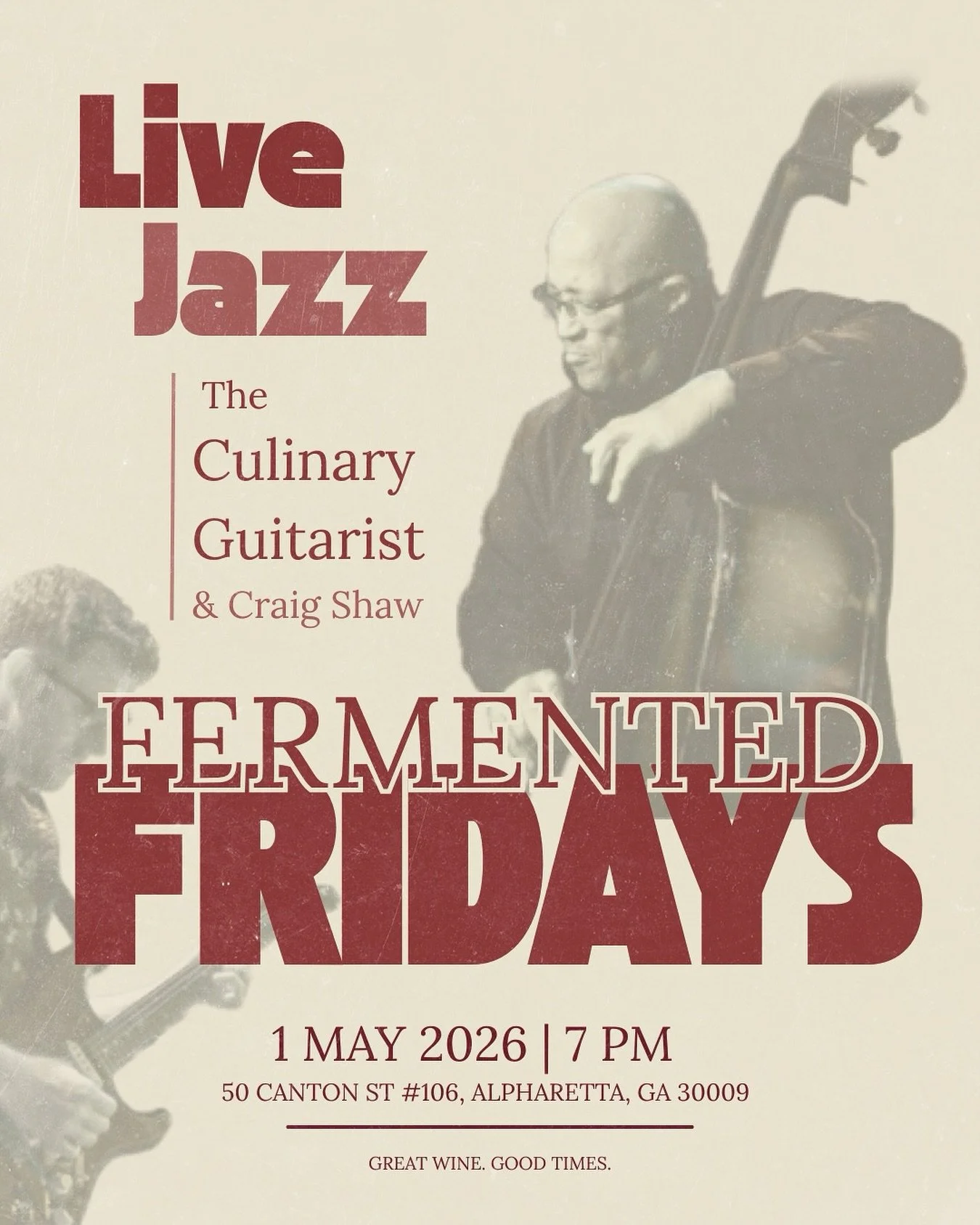 Fermented Fridays &mdash; The Culinary Guitarist &amp; Craig Shaw 🍷
Live from 7&ndash;9PM at Fermented Wine Boutique, Alpharetta GA.

Guitar and upright bass in quiet conversation&mdash;measured, expressive, and right at home alongside a glass of wi