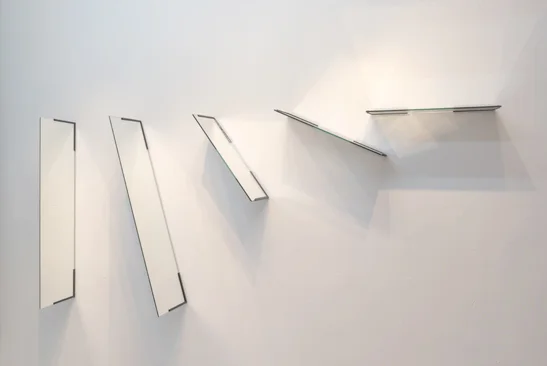 Mario Navarro, A New Accident , 2018. Two-way mirrors, brackets, light. 39.3 x 86.6 x 9.8 inches.