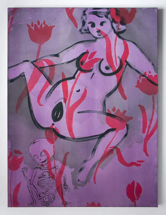 My Secret (Smiling Skeleton) , 2017. Acrylic on silk on linen. 40 x 30 inches. 