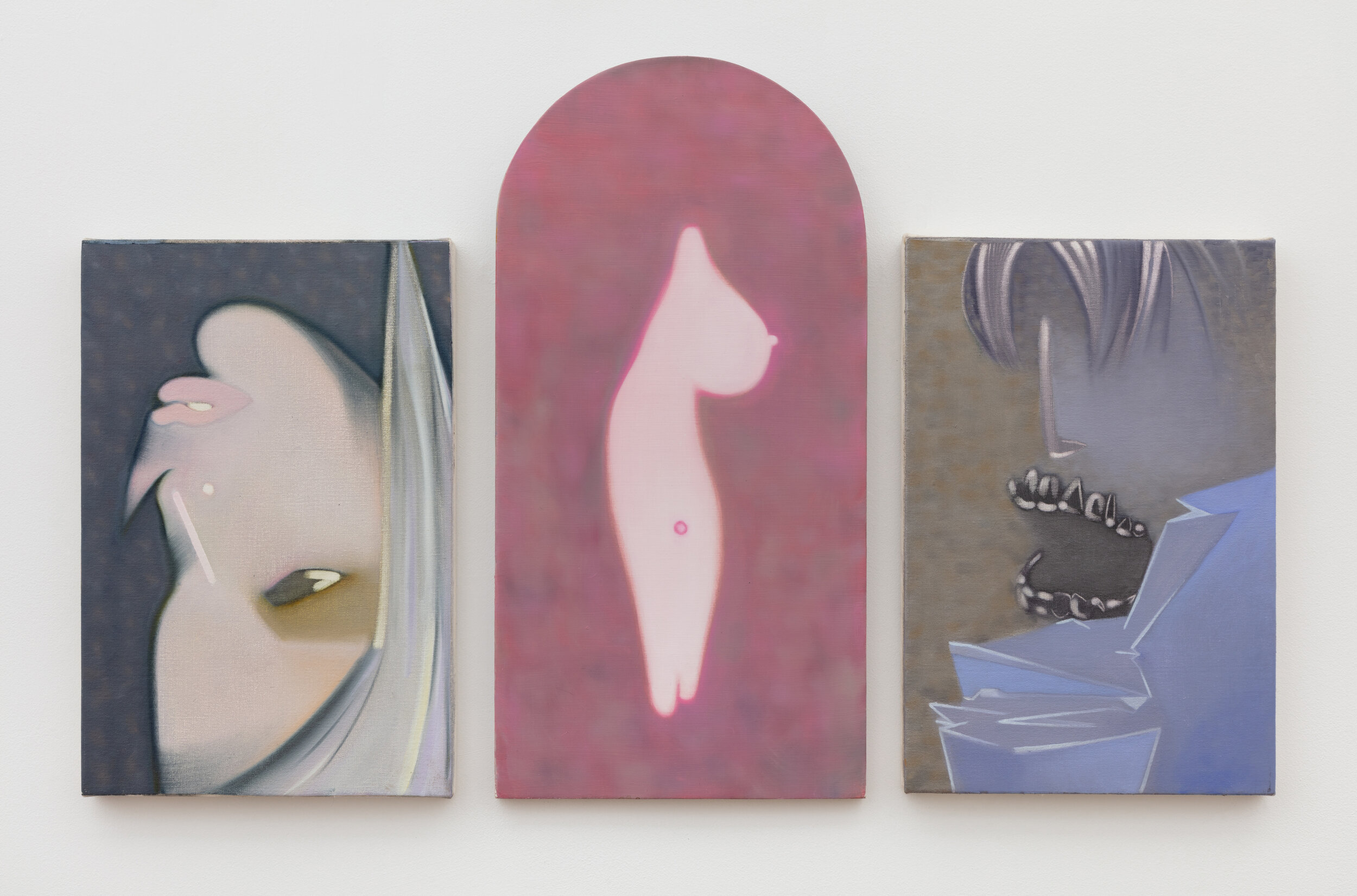  Kevin Tobin,  American Princess,  2019. Oil on canvas and cut birch. Three panels: 16 x 12 inches; 24 x 12 inches; 16 x 12 inches.  