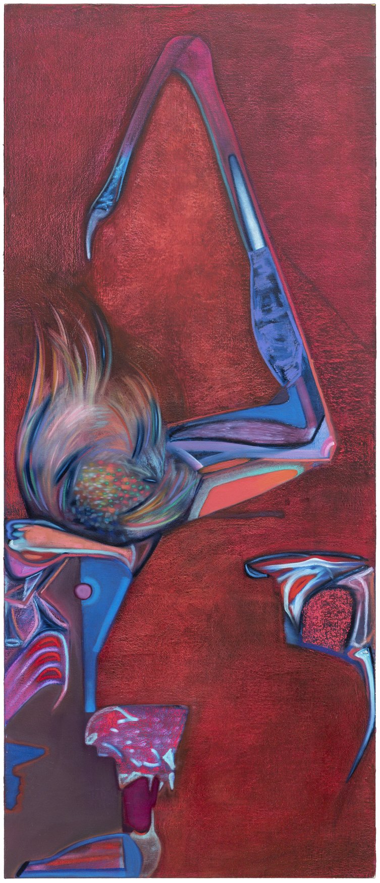  Kevin Tobin,  Blue Bat,  2021. Oil on canvas stretched over hollow core door. 80 x 34 inches. 
