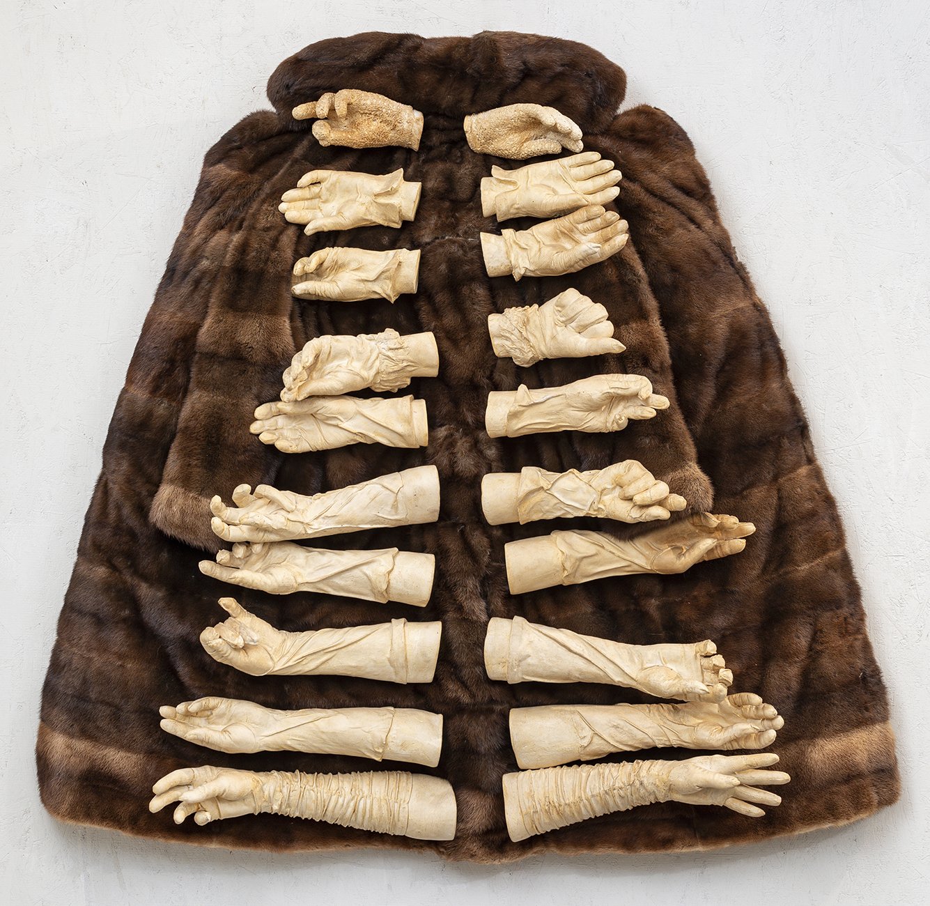  Marsha Pels,  Écorché , 2006-2008. Patined cast plaster, 10 pairs of Pels’ arms cast in her mother’s gloves, her mother’s mink coat. 47 x 47 x 14 inches  