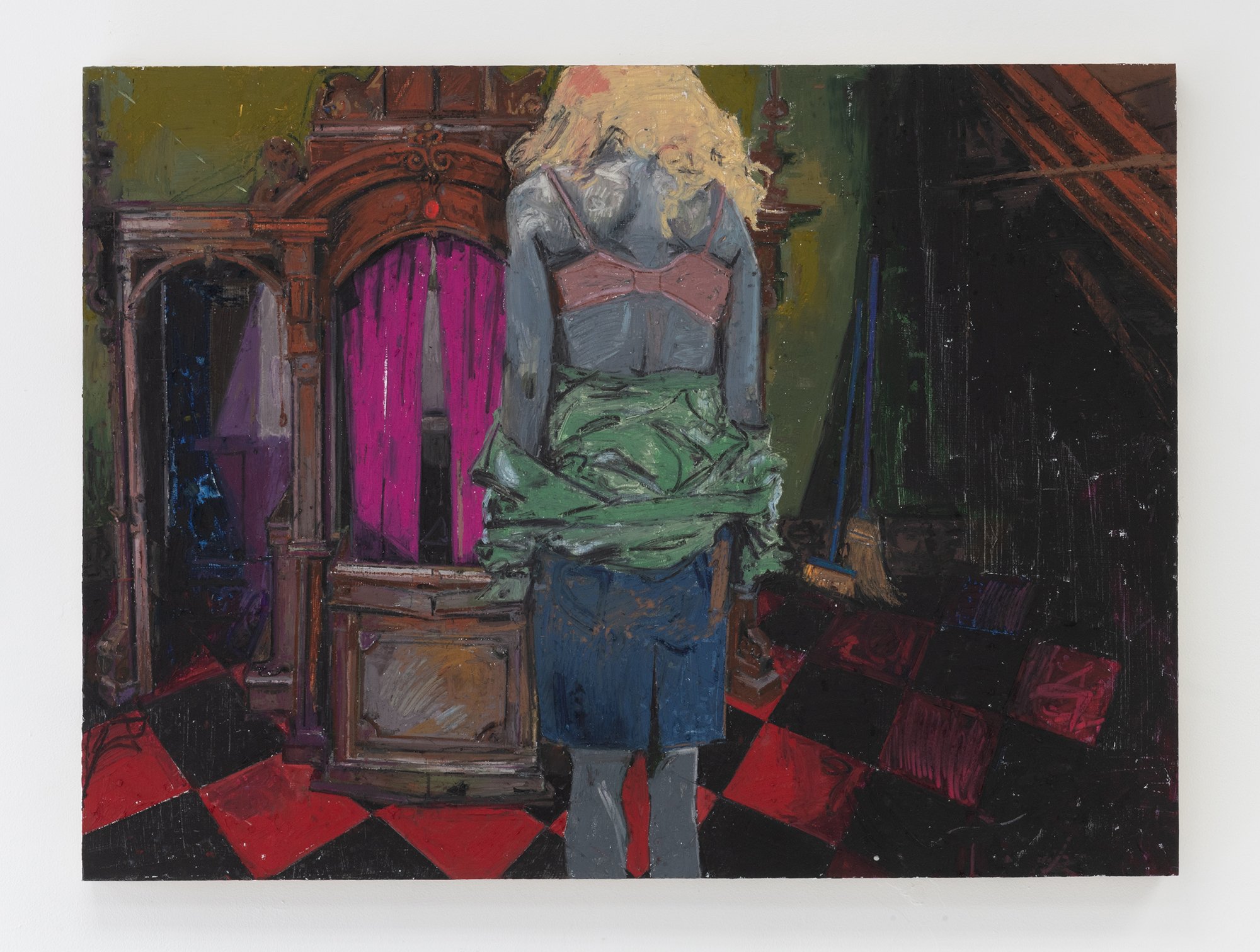  Michelle Uckotter,  Honest girl with confession booth,  2022. Oil pastel on panel. 30 x 40 inches. 