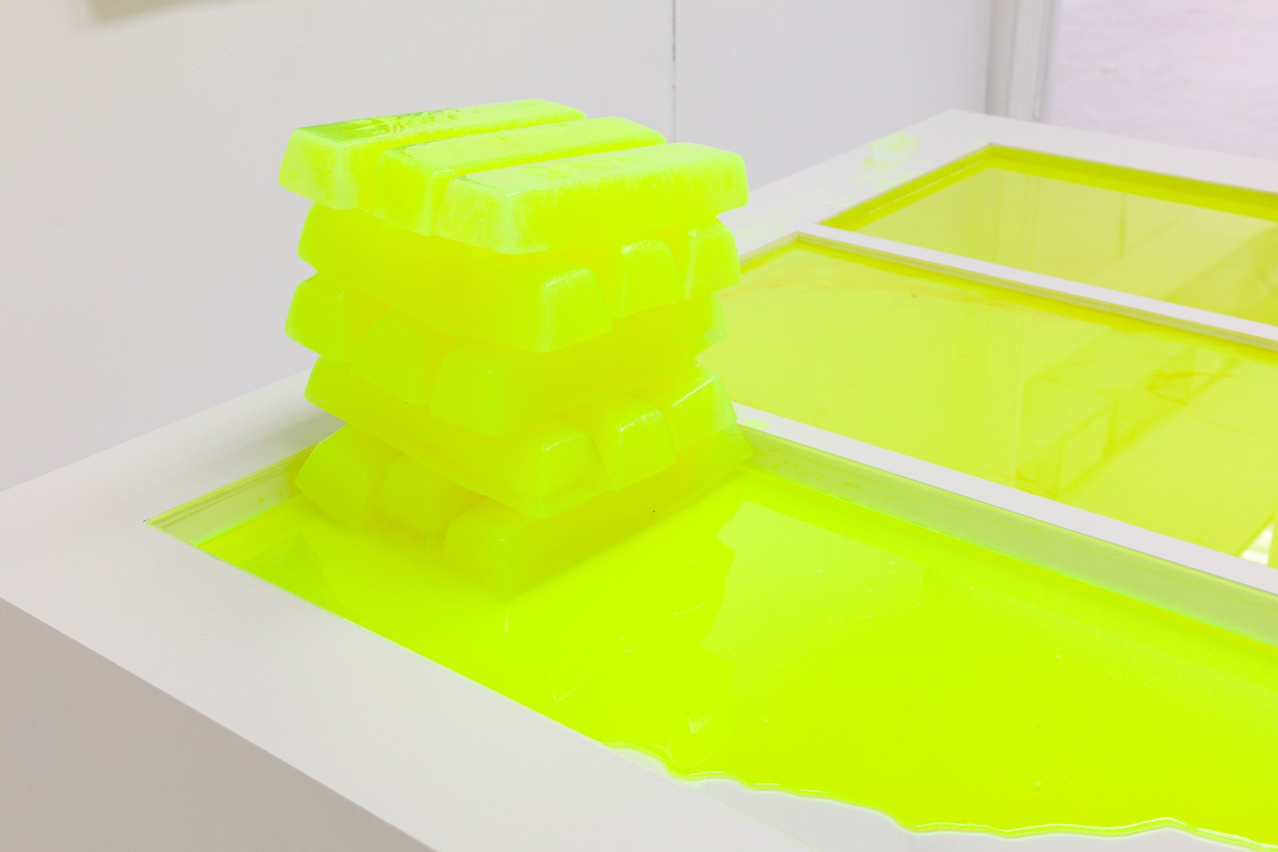  David Muenzer,  Highlighter Ingots  (interval 3 of 3) (detail) ,  2015–16. Highlighter ink, wood, latex paint, plexiglas. 22.25 x 71 x 74.25 in (melted). 