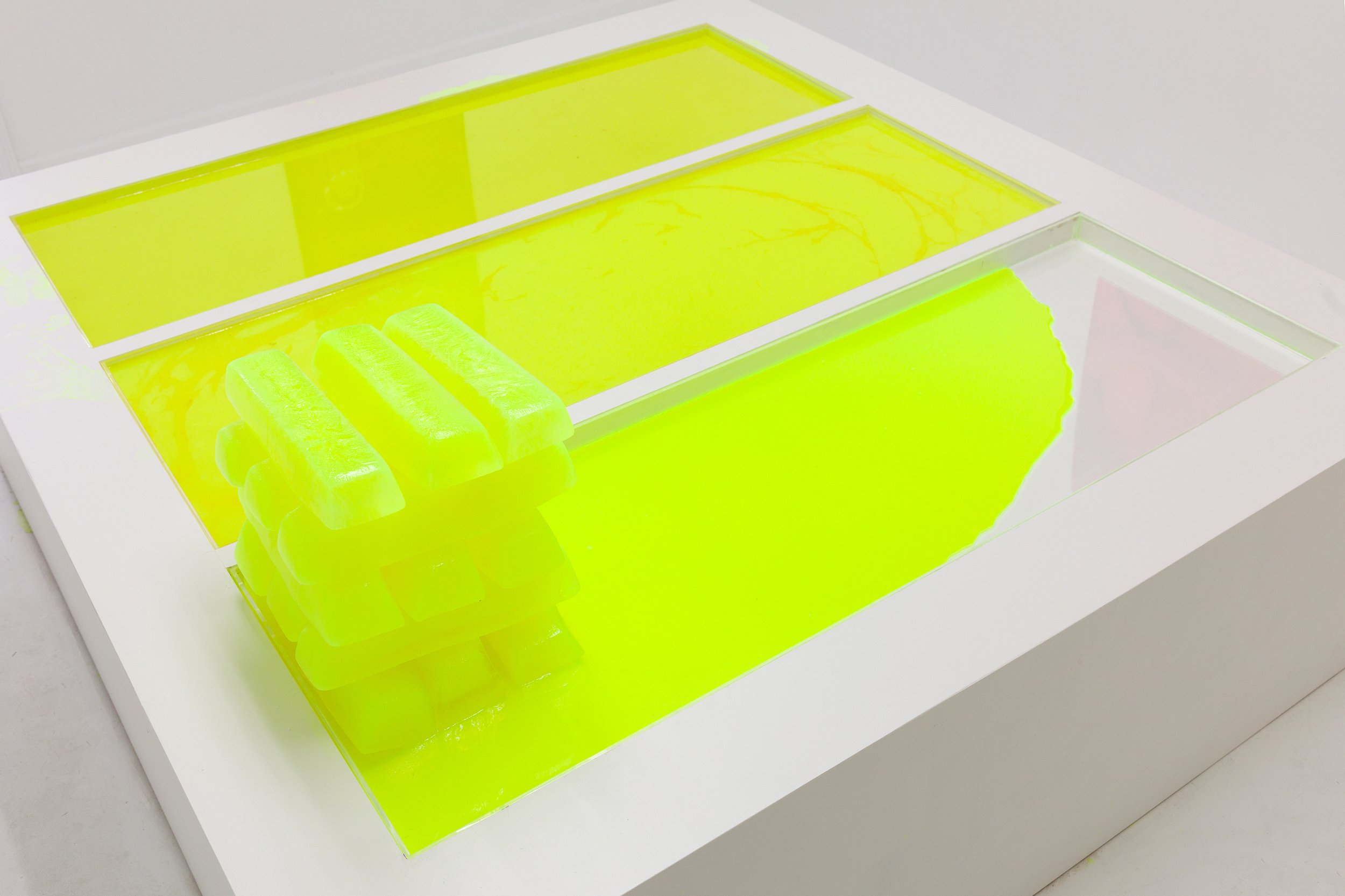  David Muenzer,  Highlighter Ingots  (interval 3 of 3) (detail) ,  2015–16. Highlighter ink, wood, latex paint, plexiglas. 22.25 x 71 x 74.25 in (melted). 