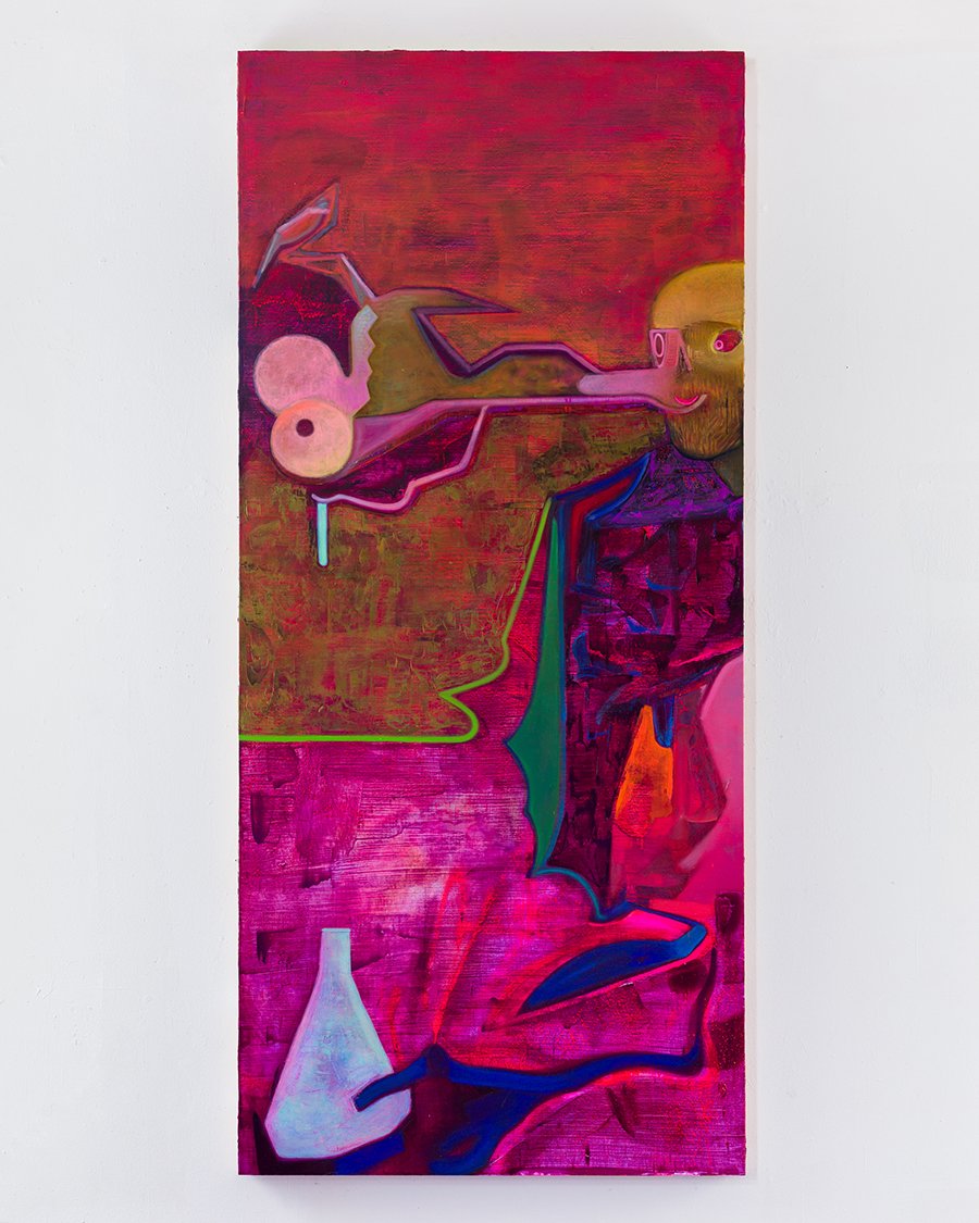   Gain of Function  (under blacklight) ,  2022. Oil, flashe, spray paint and wax on hollow core door. 80 x 36 inches. 